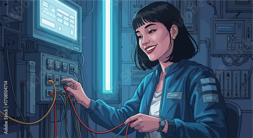 Happy technician connecting wires in panel with switches for industrial system, technician is focused on cables and connections.