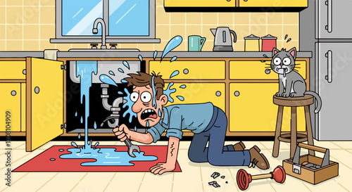 Man fixing leaking pipe under sink in home kitchen with a leaky pipe. Homeowner attempting to fix leaky pipe with a wrench. Comedy about leaky pipe as a concept for home repair services.