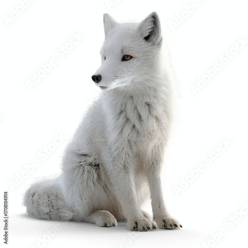 Realistic 3D Arctic fox sitting, white background.
