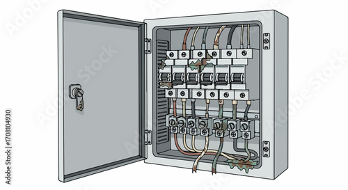 Electrical panel with open door showcases wiring and connections in detail, highlighting electrical components and circuit breakers.
