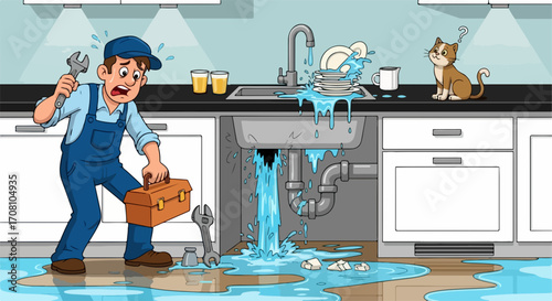 Leaky sink with a panicked plumber carrying toolbox. Leaky sink creates a household plumbing emergency with water spilling everywhere.