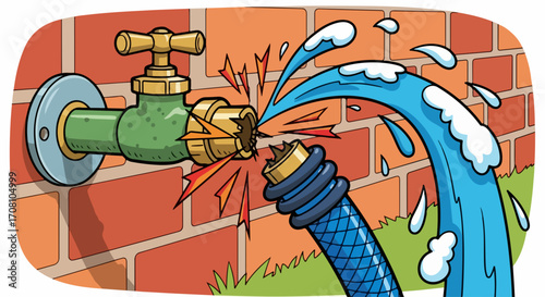 Broken hose connection shows water gushing near brick wall, with broken hose and green tap. Broken hose connection reveals leaking water under high pressure. Depicts faulty broken hose connection,