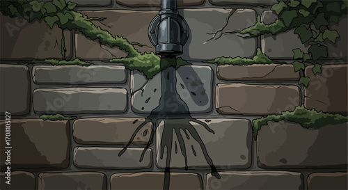 Leaky faucet against brick wall with creeping vines, capturing water waste in a symbolic image. Leaky faucet highlights neglected maintenance and disrepair in the infrastructure.