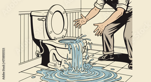 Overflowing toilet shows water spilling on bathroom floor with gesturing man. Overflowing toilet represents plumbing disaster. Overflowing toilet shows home repair needed,