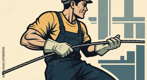 Skilled tradesman worker with cable. Skilled tradesman at work pulling metal cable, wearing overalls and hard hat. This skilled tradesman illustration represents construction, industry,
