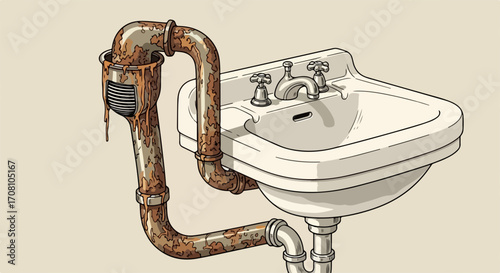 Rusted pipes cause water damage. Corroded plumbing and old pipes under sink create serious risk of water damage. Focus on problem and concept of water damage for home repair and insurance claims.