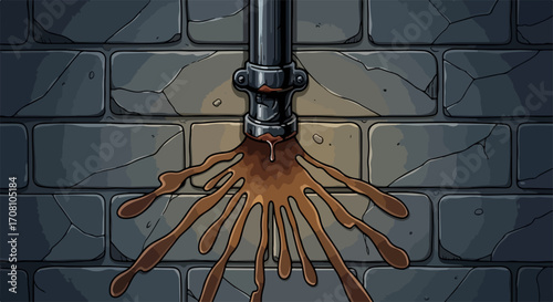 Plumbing leak causing dark liquid to drip down stone wall. Plumbing leak is shown with brown splatters and shadows on aged rock blocks. Illustration shows plumbing leak for home repair,