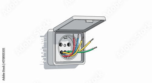 Electrical outlet installation shows wires connected to electrical outlet. Electrical outlet construction includes colorful wiring for connection to power.