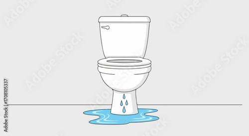 Leaking toilet with water damage on floor. Toilet malfunction shows dripping water and puddle. Plumbing emergency concept for repair service advertisement.