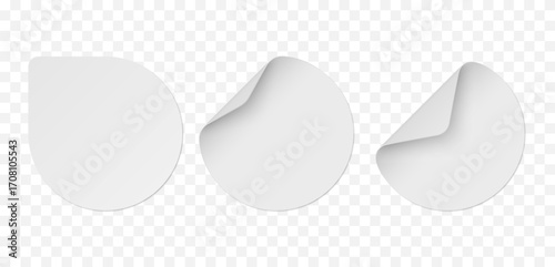 Vector set of white paper circle stickers isolated on transparent background. Realistic stickers curved with white corner and soft shadows.