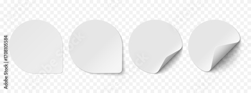 Vector set of white paper circle stickers isolated on transparent background. Realistic stickers curved with white corner and soft shadows.