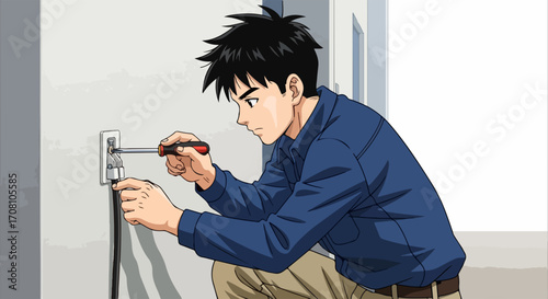 Electrical maintenance work shows man repairing electrical outlet with screwdriver. Electrical maintenance reveals careful worker replacing electric socket, inspecting wires.