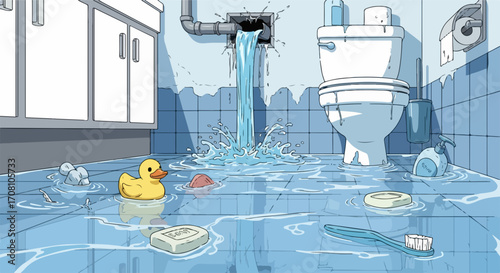 Water damage in bathroom showcases overflowing water, with floating rubber duck and toiletries scattered around. Water damage from burst pipes creates chaos,