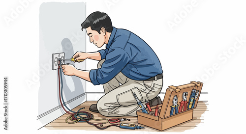Handyman maintenance with an electrician repairing electrical installation. Electrician fixing wires is important handyman maintenance around house. Handyman maintenance is ideal for repairs at home.