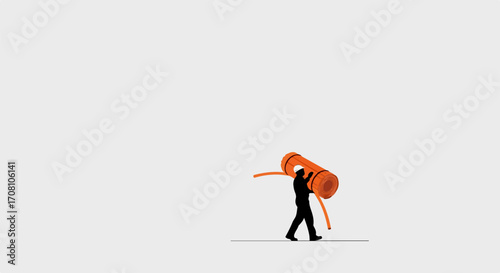 Silhouette carrying burden, figure carrying burden, man carrying burden with orange object on shoulders. Symbolism figure carrying burden shows struggle and effort,