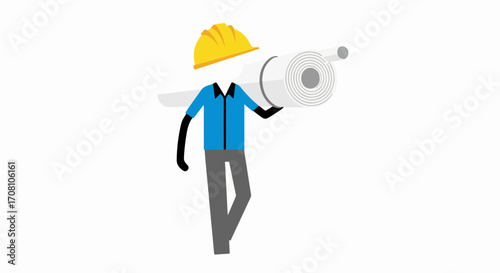 Construction worker carries pipe with hard hat on white background, depicting industry worker at job. Construction worker handles heavy piping.