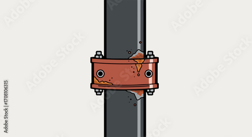 Rusty metal clamp secures dark pipe with corrosion, isolated on a light background. Showing rusty metal clamp details with nuts and bolts, showcasing wear and tear on metallic surface.