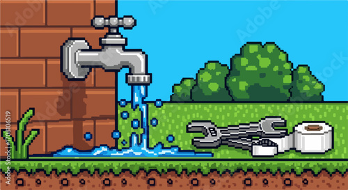 Cartoon plumbing fixture showing water pouring from tap with wrench, and sealing tape. Water pours from tap fixture as plumbing tools lie on ground.