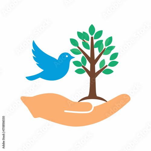 Hand holding a tree and a bird, symbolizing nature conservation and environmental protection.