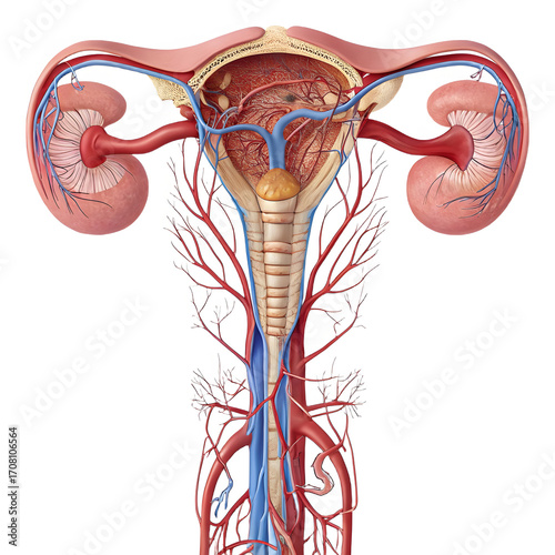 3D Anatomical Illustration of Uterus and Ovaries Realistic Female Reproductive System with Vasculature Medical Visualization of Gynecological Anatomy Scientific Diagram of the Human Uterus