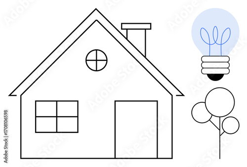 Minimal house outline with chimney and windows, nearby a tree and glowing light bulb. Ideal for sustainability, energy saving, eco-living, innovation, architecture, renewables, simple flat metaphor