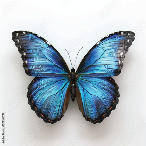 Realistic 3D blue morpho butterfly, white background.