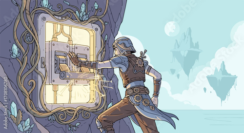 Adventurer touches control panel, activating a portal to a fantasy world, full of levitating islands in the distance. Adventurer wears sci-fi gear with ancient aesthetics,