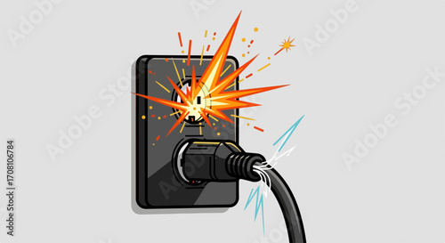 Electrical short illustration shows dangerous situation with damaged cord. Electrical short highlights hazards and possible electrical fire, emphasizing electrical safety.