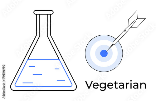 Laboratory flask with liquid next to a dart hitting the center of a target representing focus, precision, innovation, and sustainability. Ideal for science, nutrition, health, goals, research