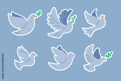 Sticker set christmas doves with olive branch festive flying birds