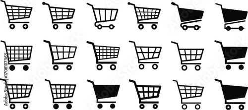 Minimalist shopping cart icon set with 20 unique designs, retail trolley silhouettes, e‑commerce symbols, vector illustration for online store graphics