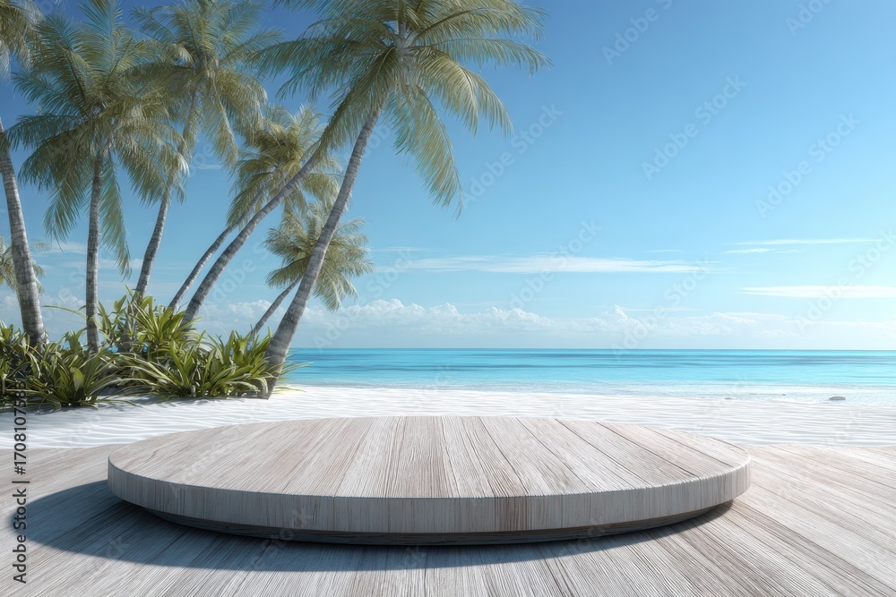 Fototapeta premium Wooden podium on a sandy beach with palm trees and ocean in the background