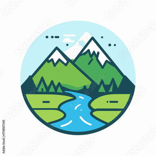Mountain Landscape with River Illustration.
