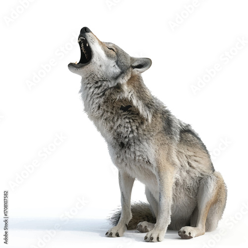 Realistic 3D gray wolf howling, white background.