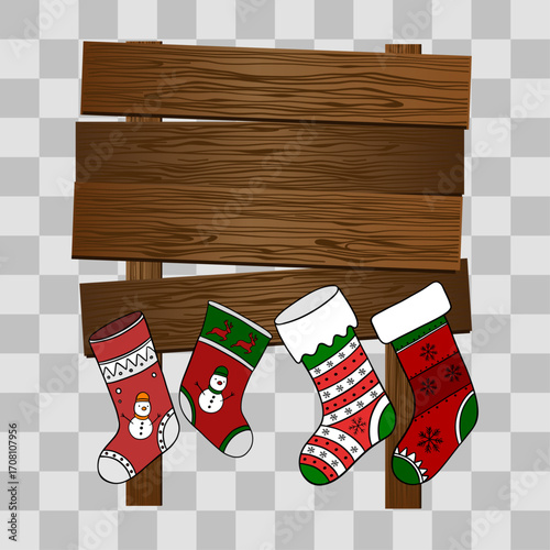 Wooden Christmas signpost with arrows decorated in festive style. Holiday illustration with seasonal ornaments, ribbons, and winter decorations. Christmas scene
