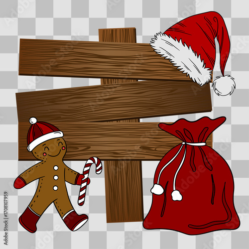Wooden Christmas signpost with arrows decorated in festive style. Holiday illustration with seasonal ornaments, ribbons, and winter decorations. Christmas scene