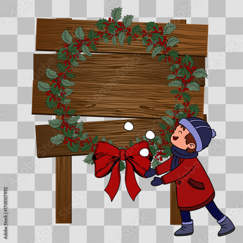 Wooden Christmas signpost with arrows decorated in festive style. Holiday illustration with seasonal ornaments, ribbons, and winter decorations. Christmas scene