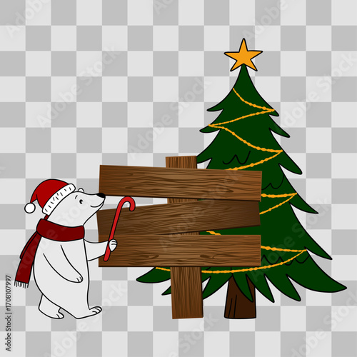Wooden Christmas signpost with arrows decorated in festive style. Holiday illustration with seasonal ornaments, ribbons, and winter decorations. Christmas scene