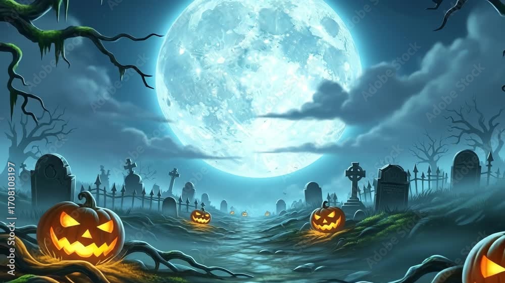 Spooky halloween graveyard scene with jackolanterns under a full moon