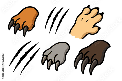 Animal paw claws vector set. Claw scratch marks cartoon illustration. Predator monster attack. Tiger, bear, lion, wolf foot print. Wild beast rip, tear, slash trace.