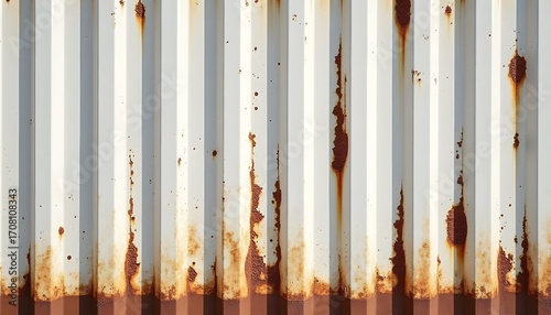 Closeup texture of a weathered corrugated metal surface with prominent rust streaks and vertical lines