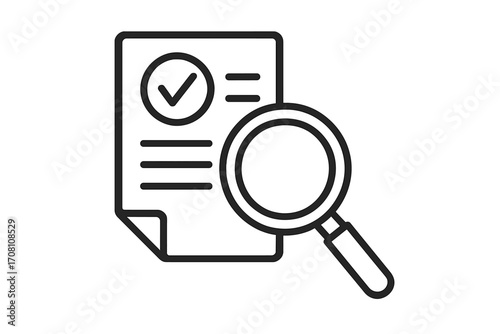 Audit icon with magnifying glass over a document. Inspection, review, and compliance concept. Quality control checkmark symbol. Vector for business analysis and assessment.