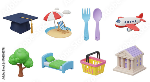 A 3D life journey from graduation to travel dreams financial stability to dining out under the on transparent background