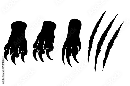 Claw scratch marks set. Animal claws vector illustration. Monster, bear, cat, lion paws. Black silhouette collection. Horror slash, rip, tear damage. Grunge design element.