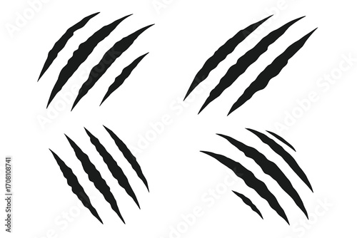 Claw scratch marks vector set. Animal monster slash illustration. Tiger, bear or dinosaur talon rips. Wild beast attack. Halloween horror damage effect. Grunge cracked texture.