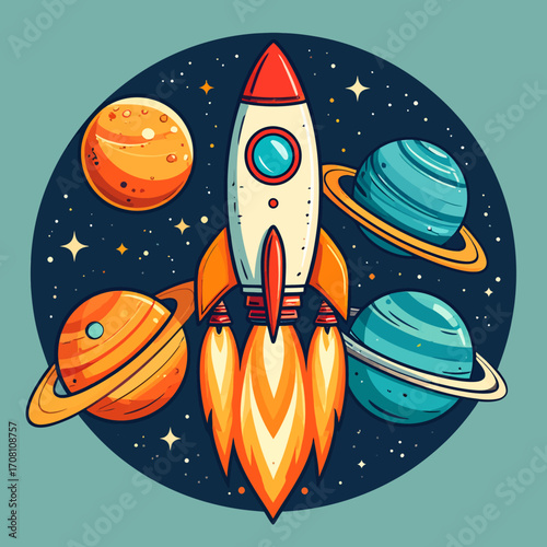 Rocket ship soaring through space with planets and stars in a vibrant illustration.