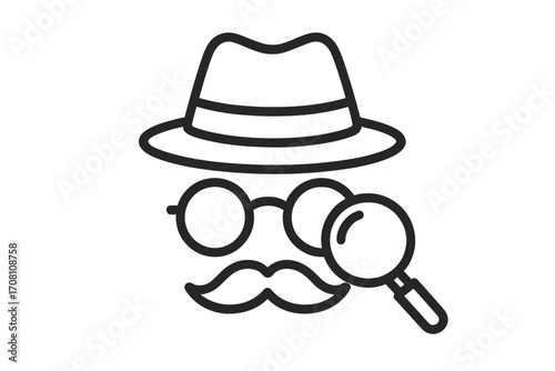 Detective icon, spy agent, private investigation logo. Incognito concept. Man in hat, glasses, mustache with magnifying glass. Search, inspection, mystery, security sign.