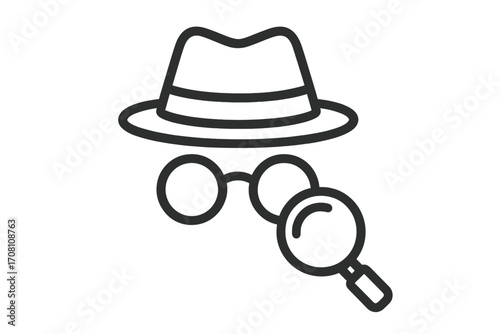 Incognito icon, detective sign. Spy agent. Man in hat, glasses. Magnifying glass logo. Secret, search, investigation, surveillance concept. Anonymous private person.
