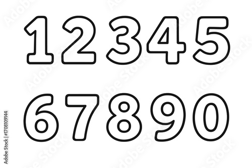 Set of simple outline cartoon numbers for educational purposes and design. Black and white vector digits from 0 to 9 for kids coloring book pages or learning materials.