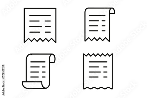 Set of receipt icons. Minimalist line art style. Vector illustration of paper bill, invoice, check. Financial concept for payment, expense, purchase, order, checkout, money.